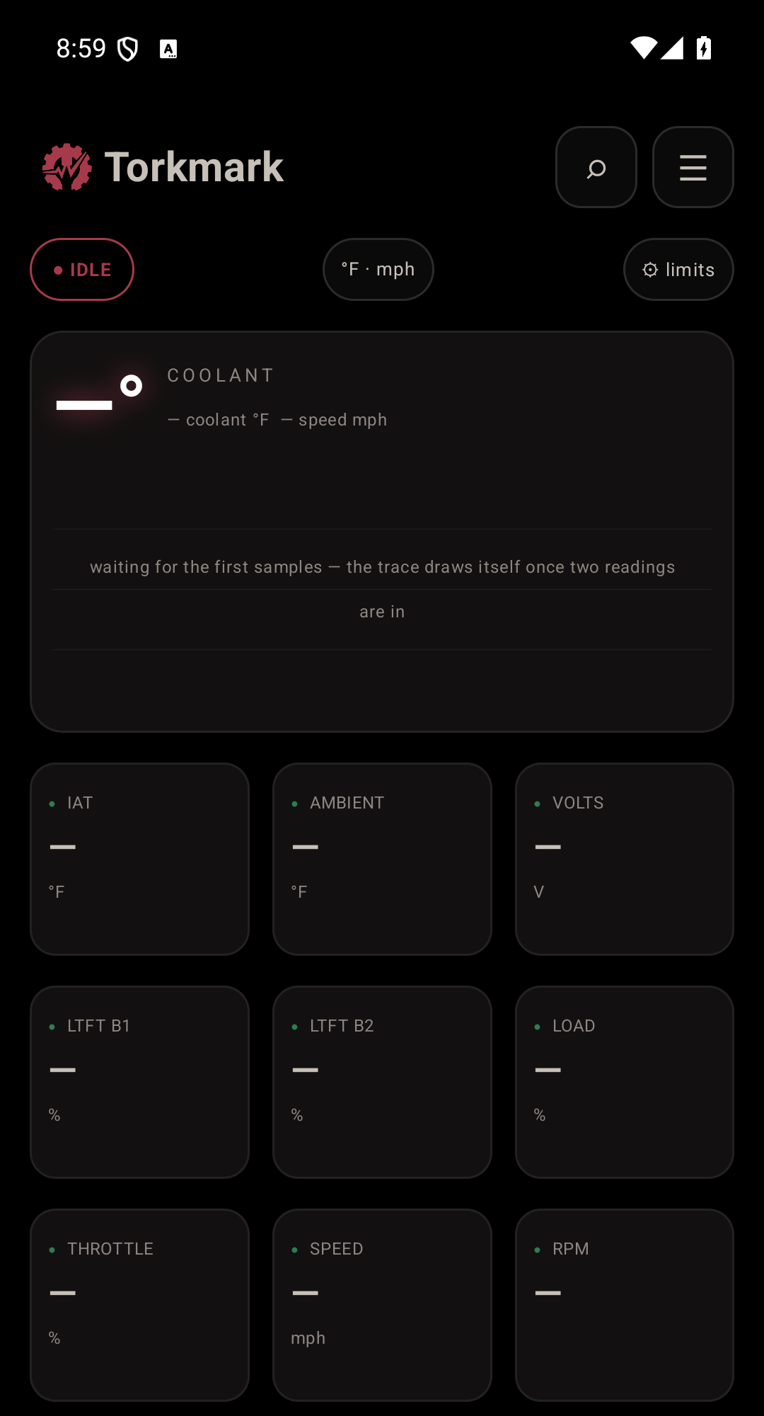 The Torkmark dashboard on a phone: a coolant panel above a grid of nine reading tiles, every value shown as a dash because no adapter is connected.
