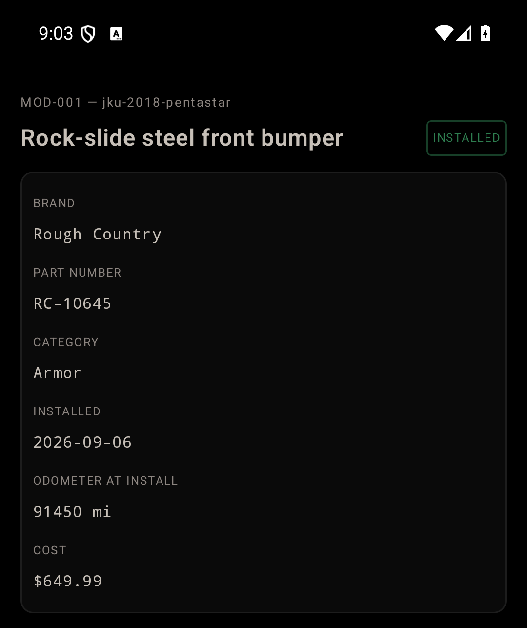 A work entry in the Torkmark build log showing brand, part number, category, installed date, odometer at install and cost.